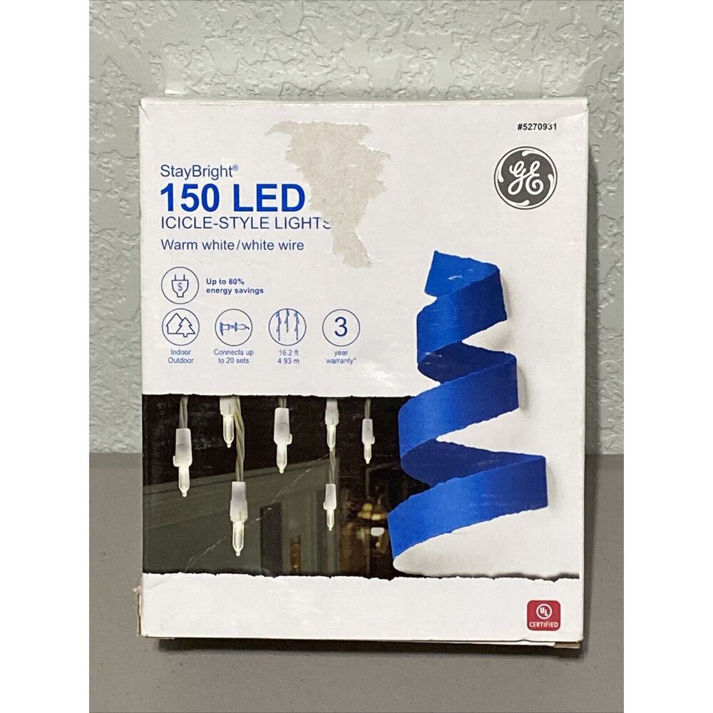 GE Staybright 150 LED Icicle Style Lights Warm White Indoor Outdoor 16 Ft String